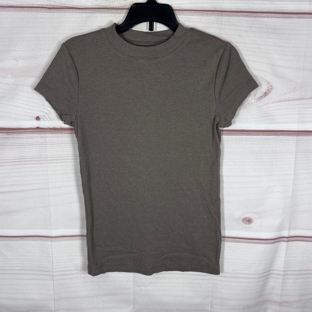 A New Day T-Shirt Womens S Brown Short Sleeve Ribbed Crew Neck Casual Slim Fit
